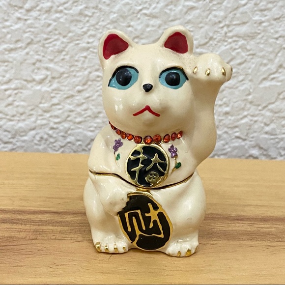 Objet d Art Form Work of Art Asian Lucky Cat Fortune Cat Enamel Trinket Box - Picture 1 of 11